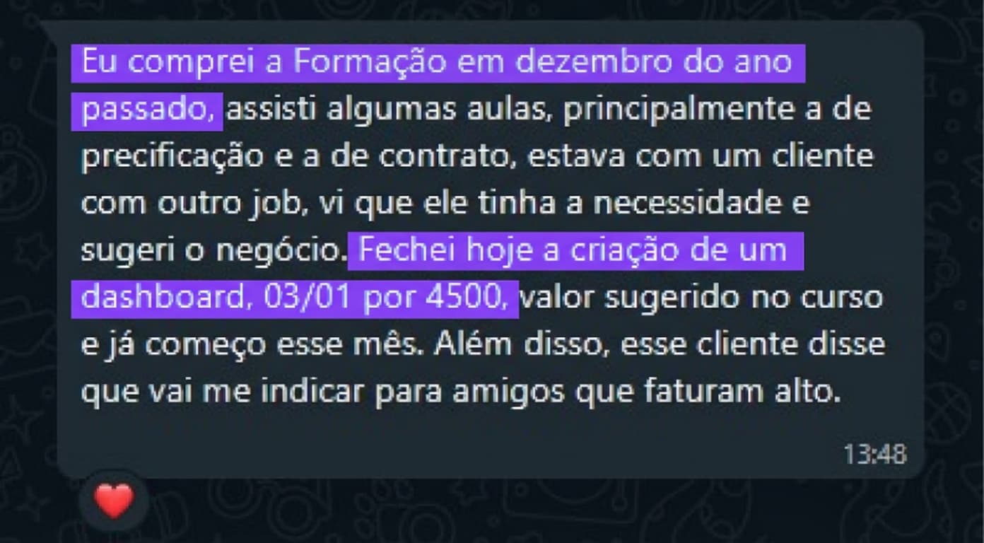 Depoimento de aluno sobre a primeira venda de um dashboard