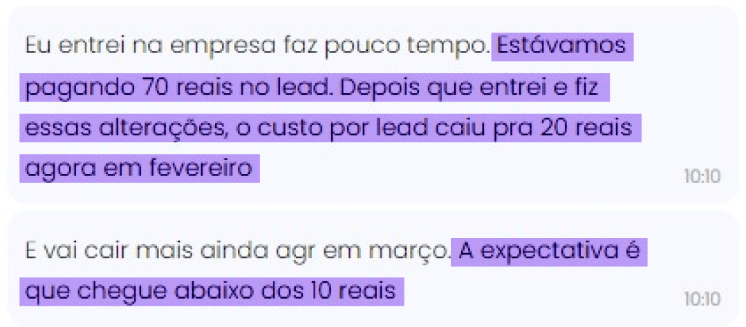 Depoimento sobre redução de custo e aumento de resultado